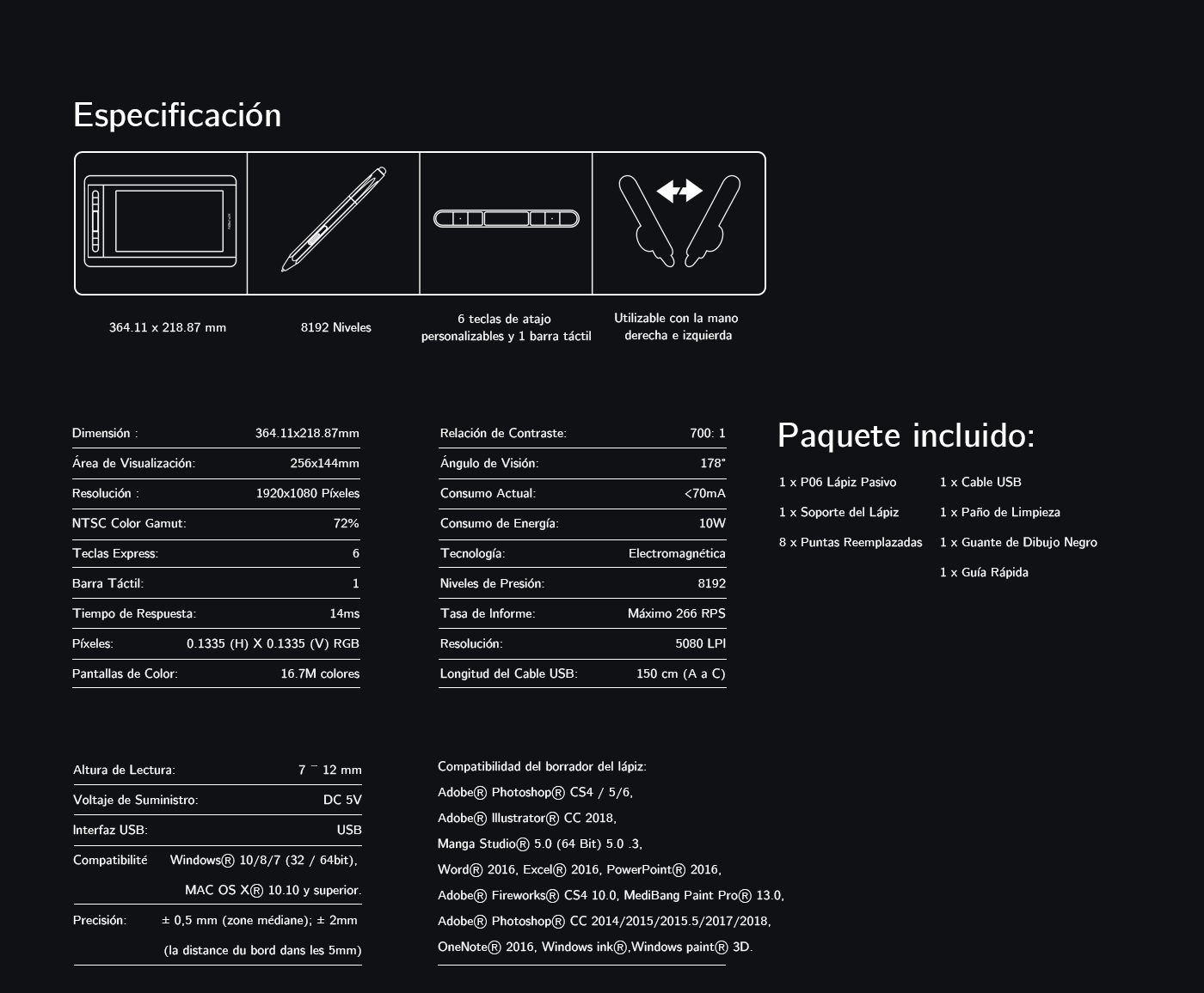 Especificación de Tableta gráfica  con pantalla XP-Pen Artist 12