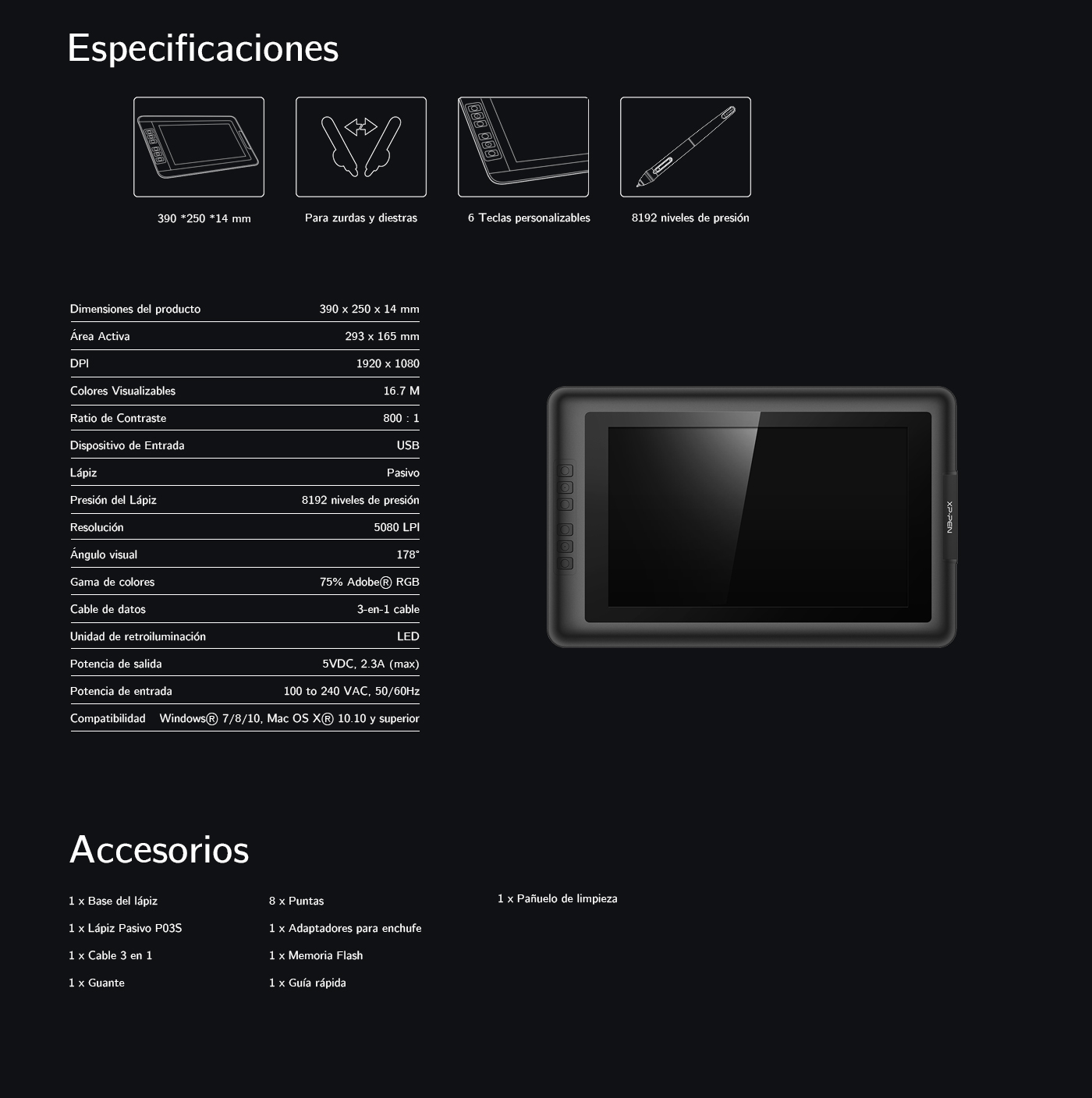 Especificaciones de pantalla gráfica XP-Pen Artist 13.3 V2