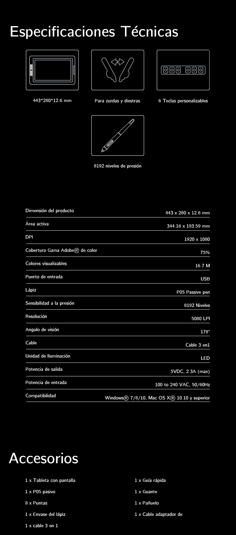 Especificaciones de Tableta gráfica con pantalla XP-Pen Artist 15.6