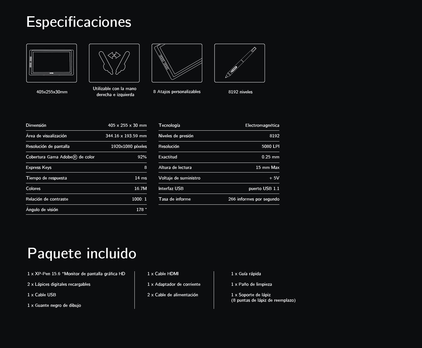Especificaciones de pantalla gráfica XP-Pen Artist 16 Pro