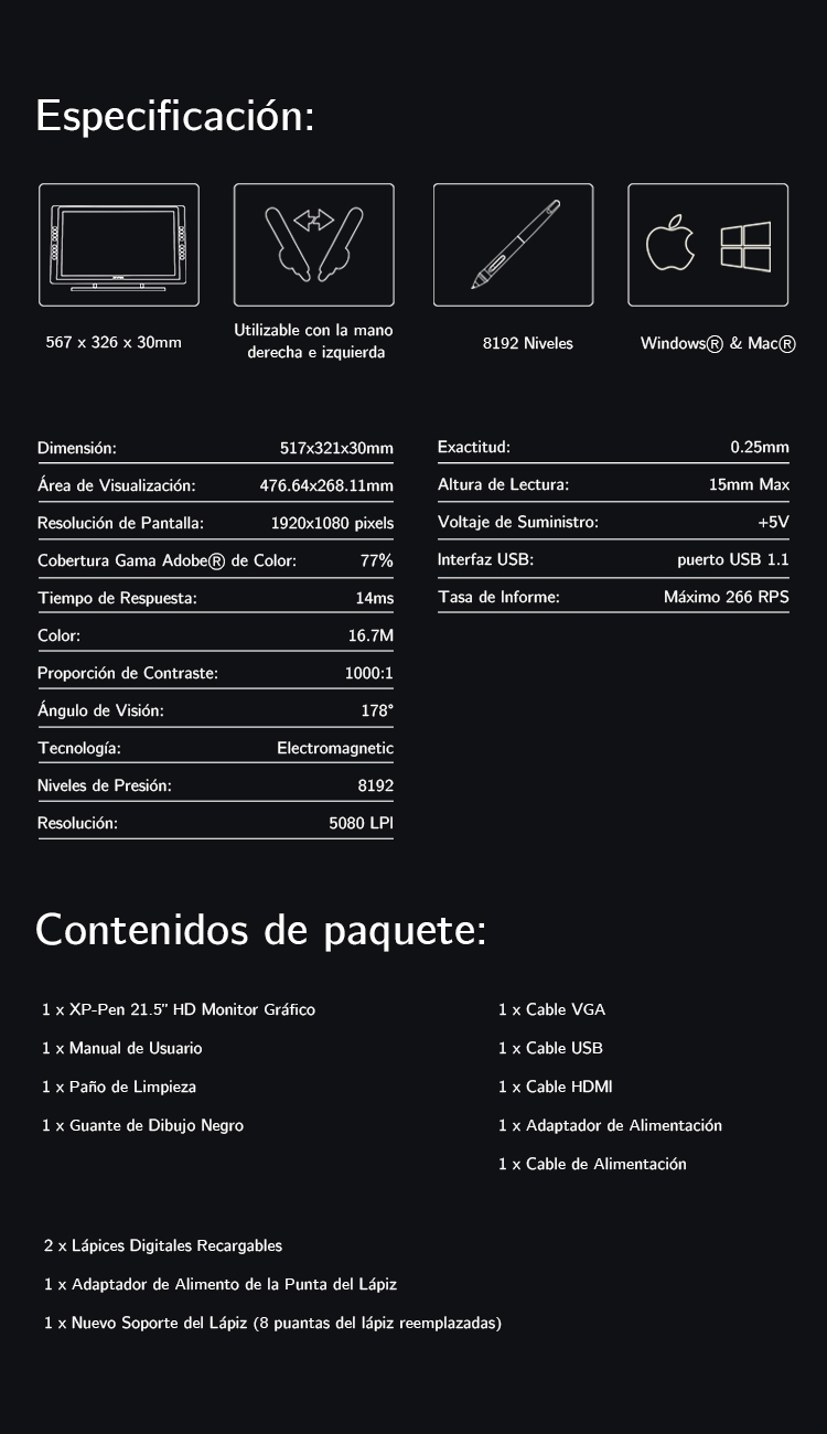 Especificación de Tableta gráfica  con pantalla XP-Pen Artist 22E Pro