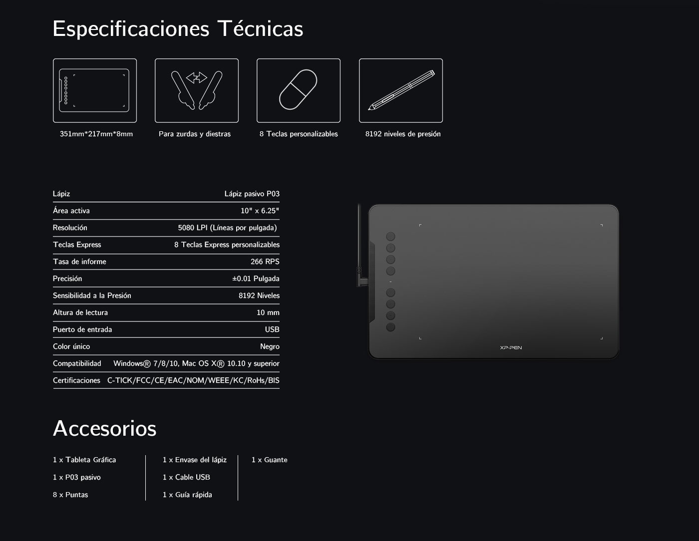 Especificaciones y Accesorios de Tableta gráfica XP-Pen Deco 01