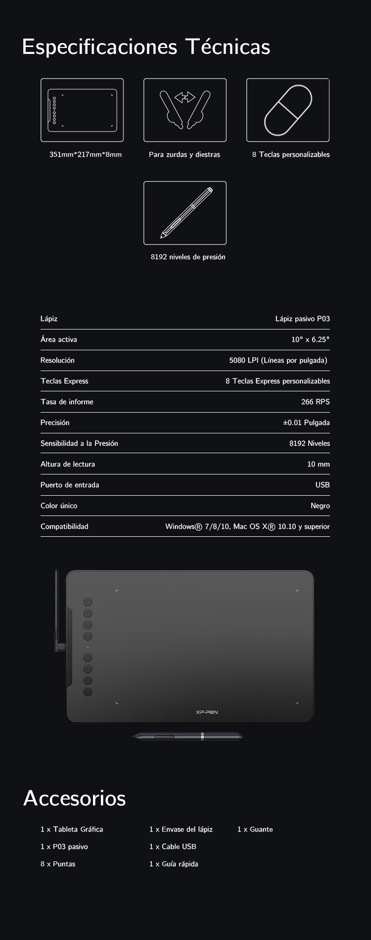 Especificaciones y Accesorios de Tableta gráfica XP-Pen Deco 01