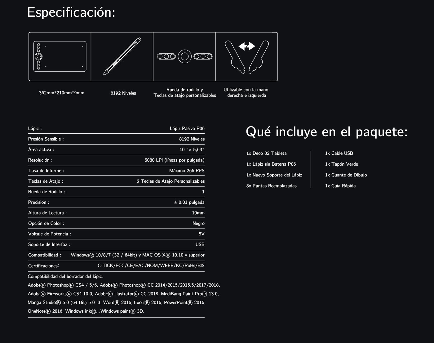 Especificaciones de tableta gráfica XP-Pen Deco 02