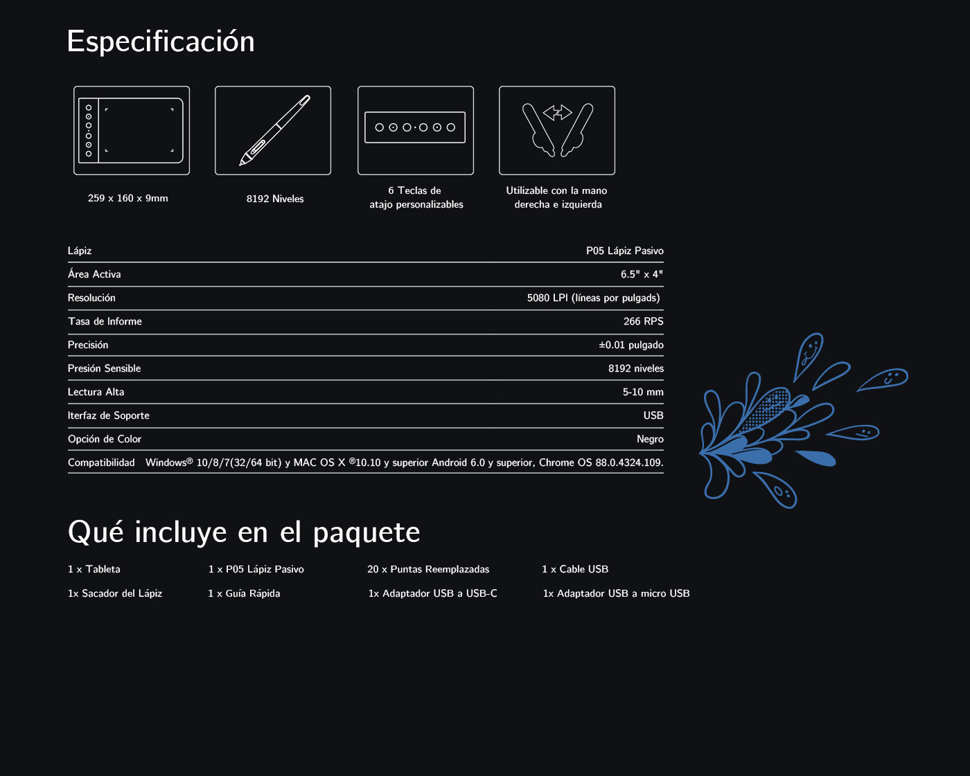 Especificaciones de Tableta gráfica XP-Pen Star G640S