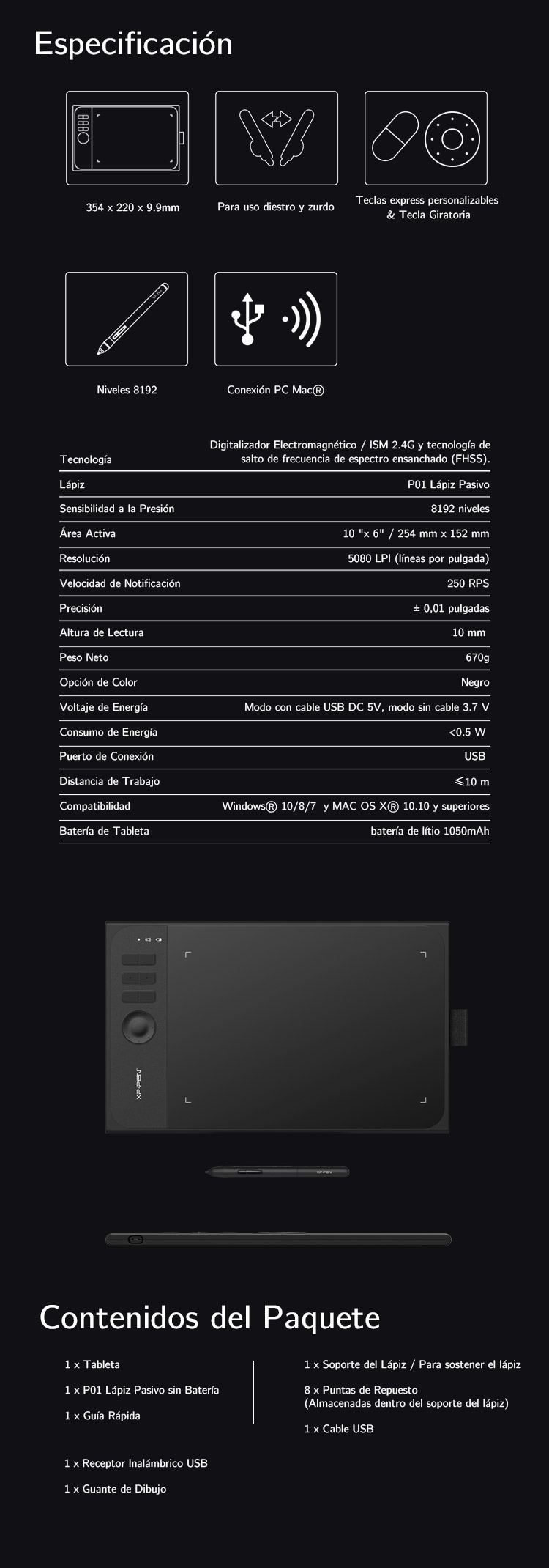Especificacion deTableta gráfica inalámbrica XP-Pen Star 06